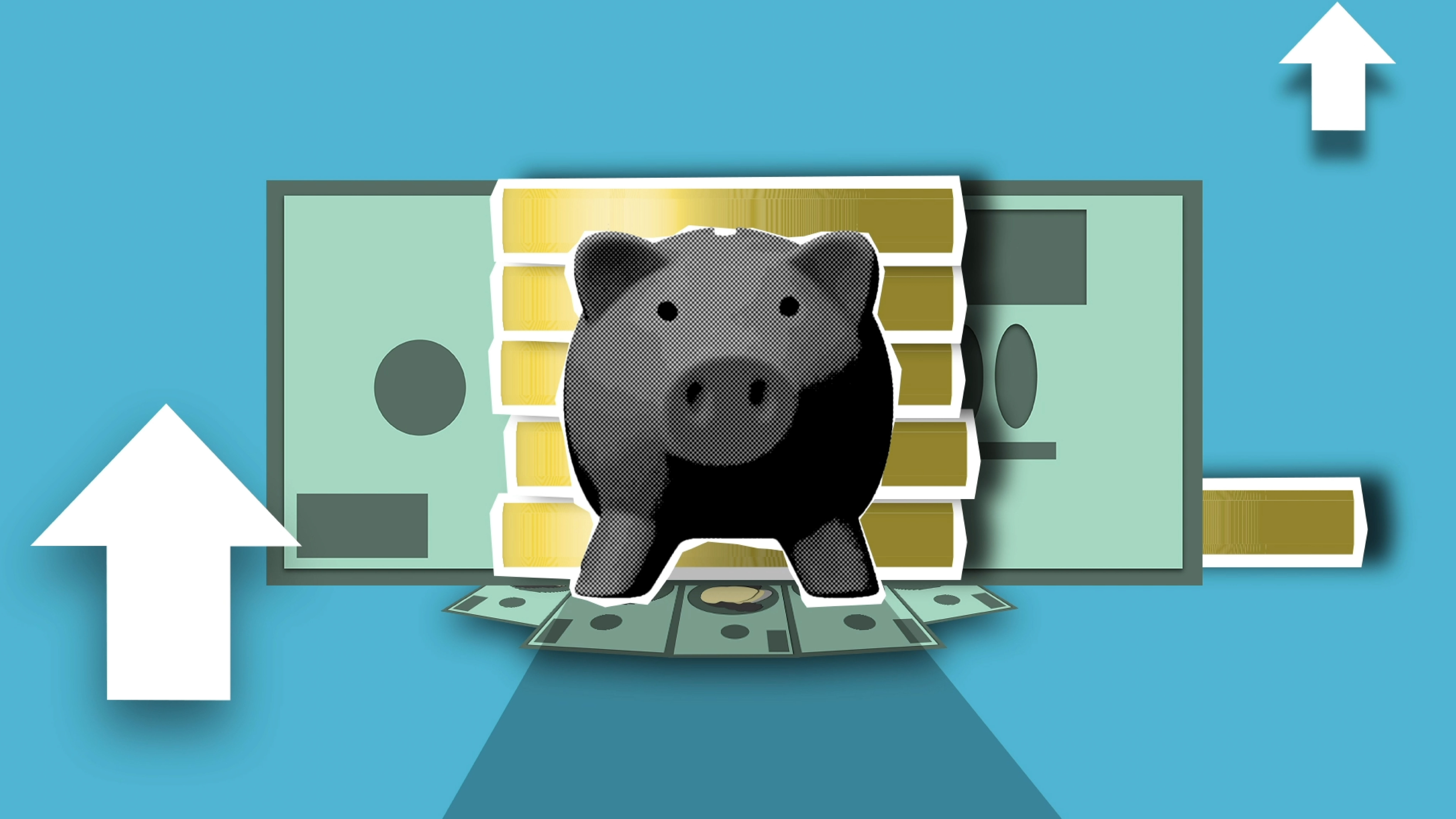 Digital image of piggy bank standing on stack of coins.