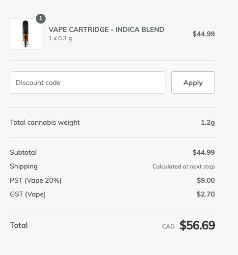Ecommerce screenshot showing the sale price of a cannabis vape cartridge, including taxes.