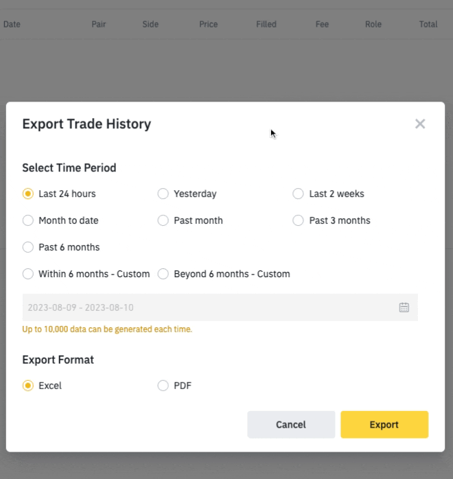 Gif showing how to configure Spot Trade History in Binance